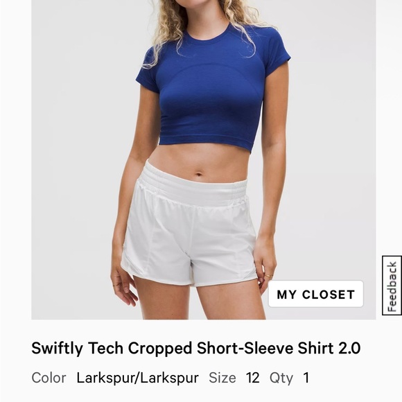 Lululemon Swiftly Tech Cropped Short Sleeve 2.0 T Shirt Size 12 Larkspur - Picture 3 of 3